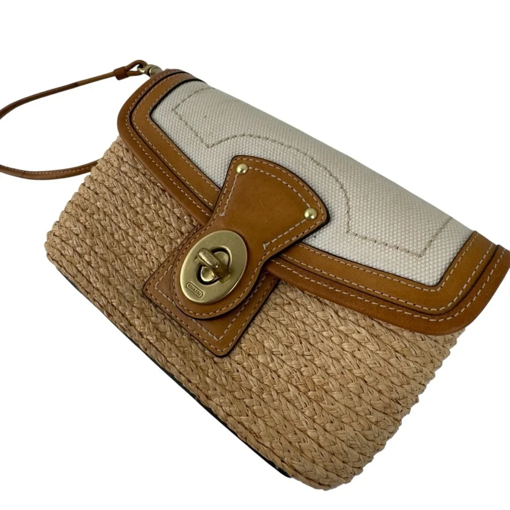 Coach Straw Summertime Clutch Wristlet Bag Natural Leather Trim Turnlock Coastal